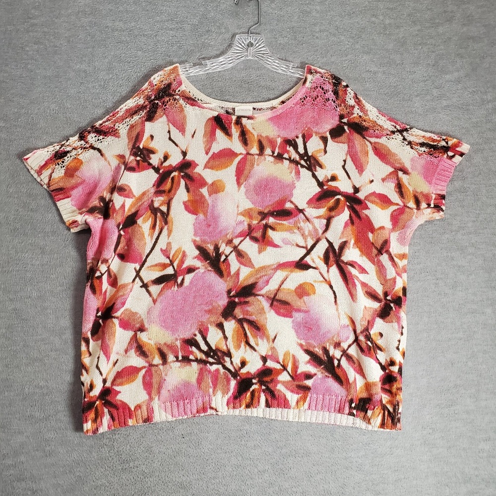 Chico's Women Sweater 3 Pink Floral Knit Short Sleeve Round Neck‎